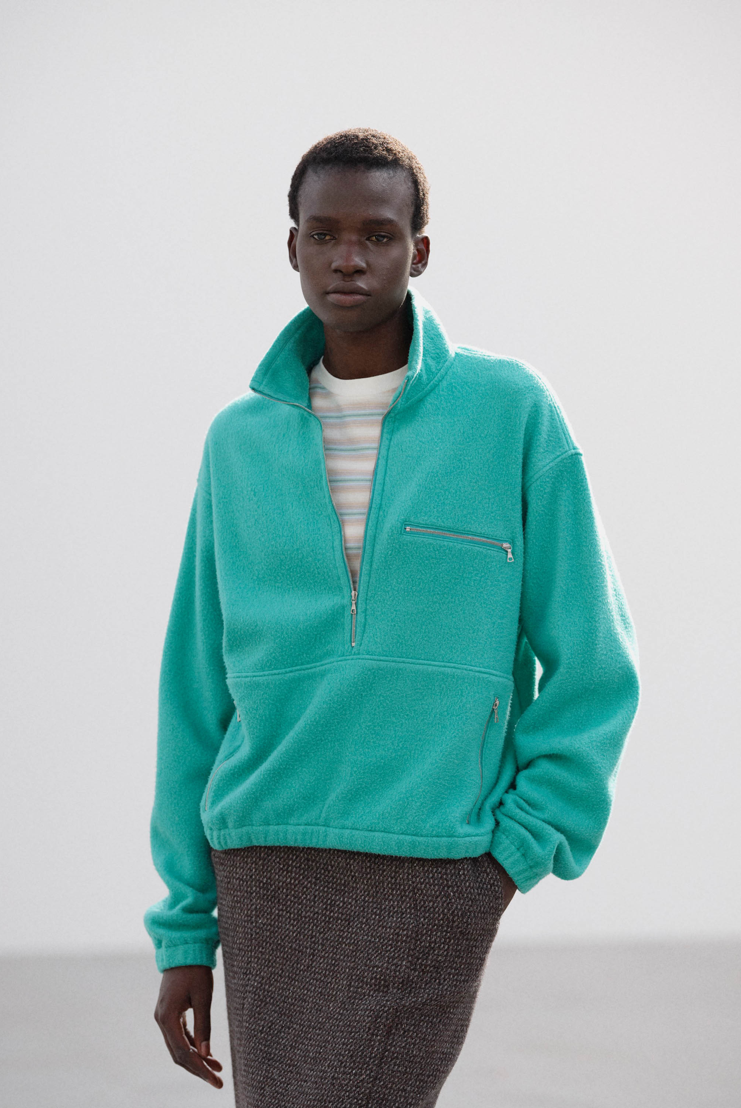 Auralee Pure Silk Comfort Fleece Half Zip Jade Green